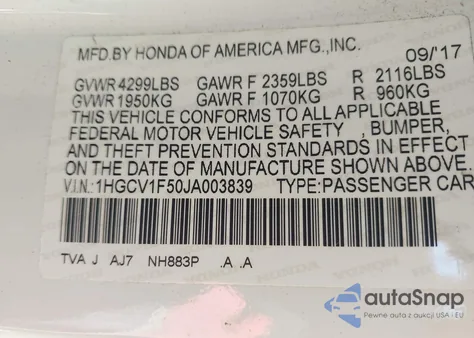 2018 Honda Accord Ex-L from USA, damaged, VIN 1HGCV1F50JA003839